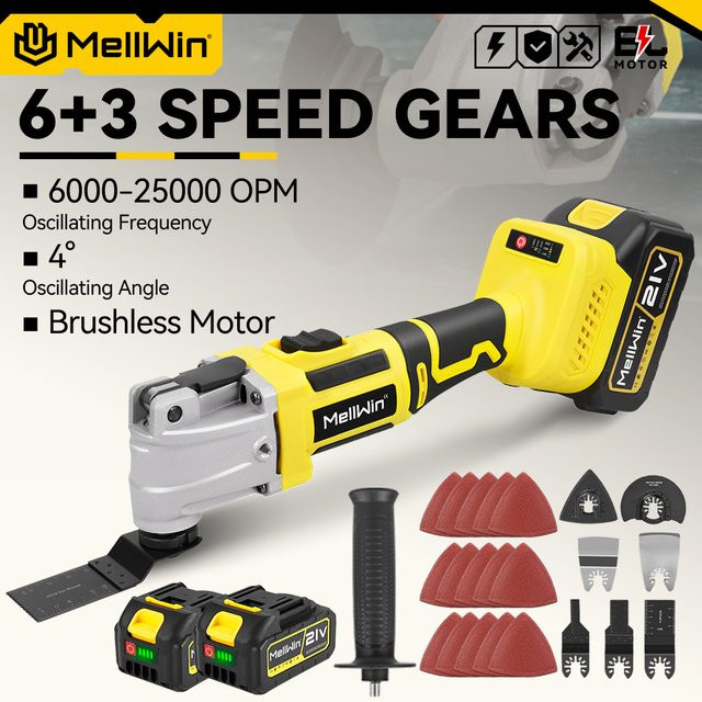 MELLWIN Bürstenloses oszillierendes Multifunktionswerkzeug mit 25000 OPM und 6+3 Geschwindigkeitsstufen, gelb, kompatibel mit Makita LXT 18V Akku - Bild 1