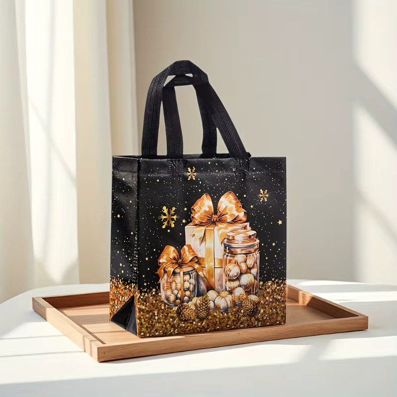 Schwarze Weihnachtshandtasche mit Griff und weihnachtlichen Motiven wie Weihnachtsbaum, Schneemann und Geschenktüte aus Kunststoff - Bild 4