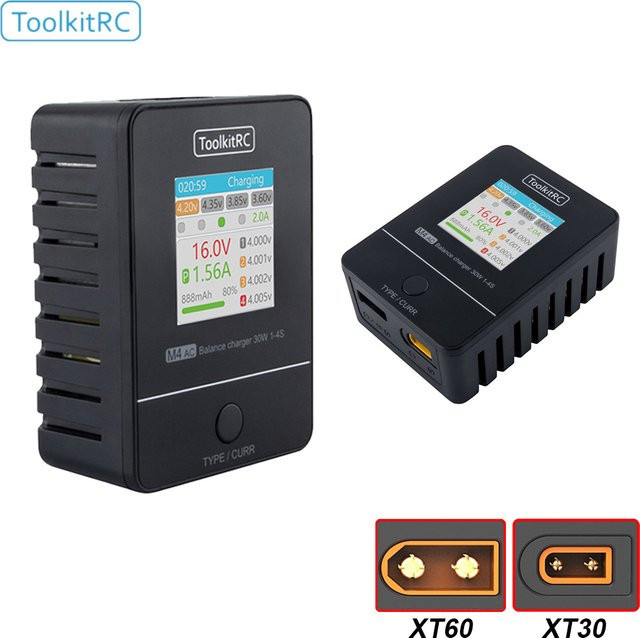 Toolkitrc M4AC 30W Kompaktes Wechselstrom Ladegerät für LiPo LiHv 1-4S mit XT30 und XT60 Anschlüssen in Schwarz - Bild 1
