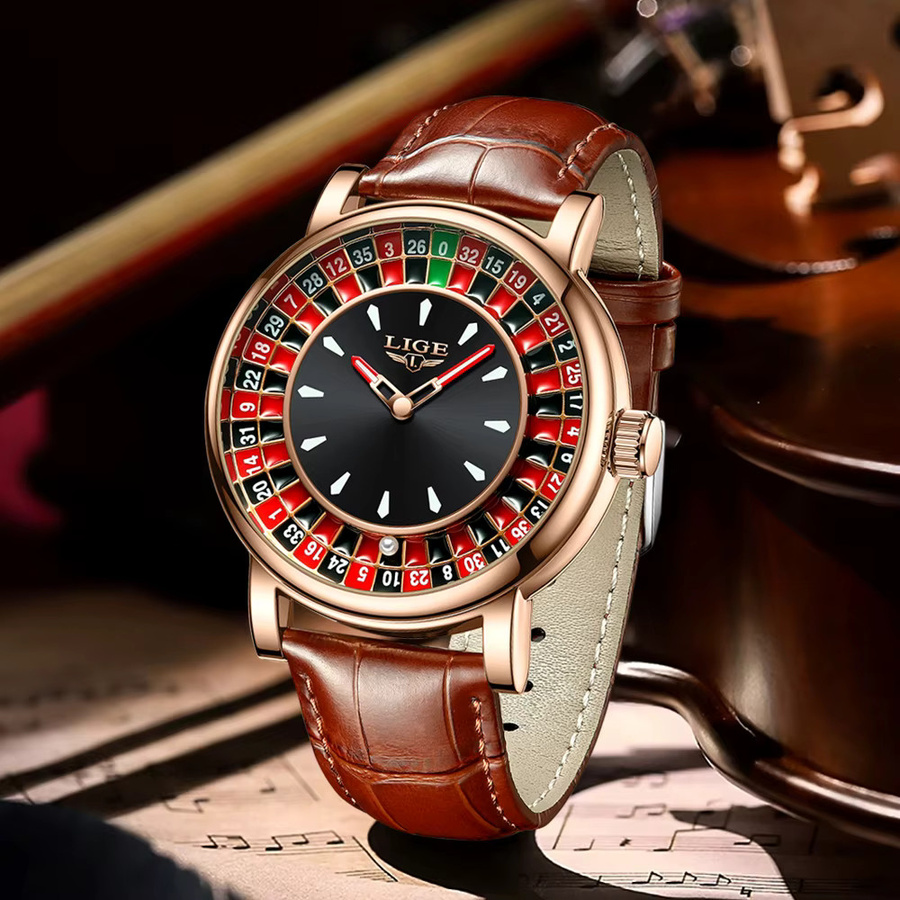 LIGE Armbanduhr Herren, Leder, Analoguhr, Schwarz, Leuchtzeiger, wasserdicht - Bild 2
