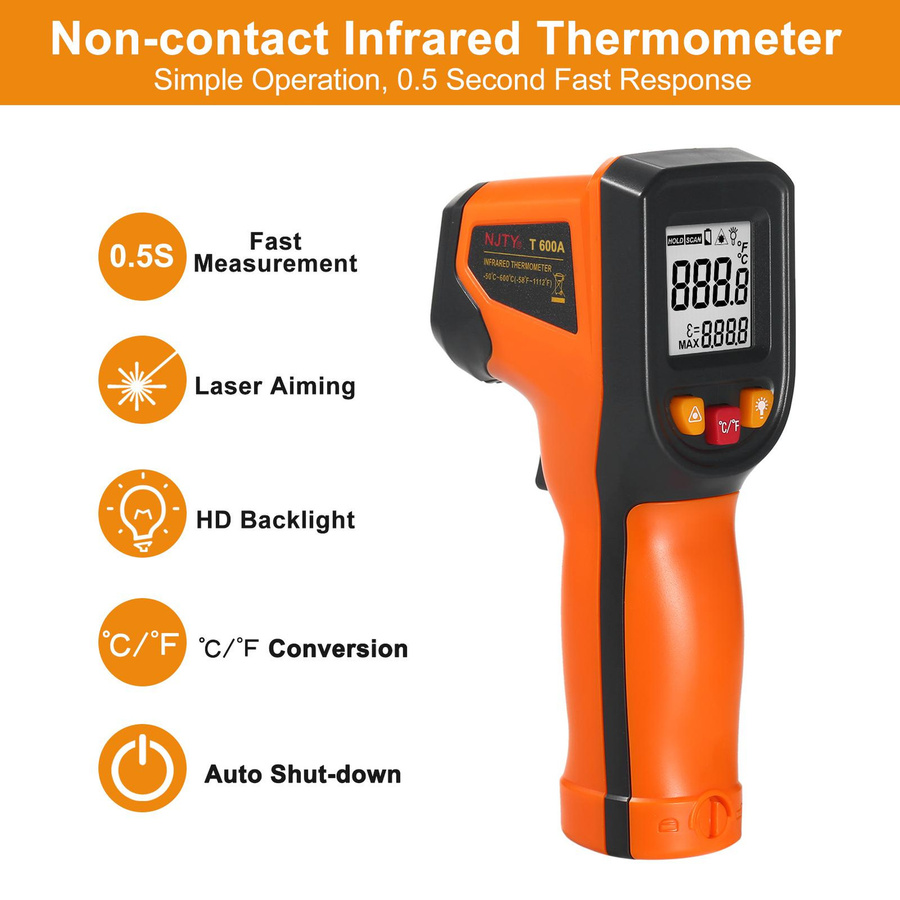 NJTY Infrarot-Thermometer T600A digitale Temperaturpistole berührungslos, Orange - Bild 5