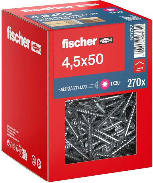Fischer PowerFast II Senkkopf Schraube mit Teilgewinde und Torx-Antrieb, verzinkter Stahl, Farbe Silber/Blau, Durchmesser: 4,5 mm, Länge: 50 mm, 270 Stück - Bild 1