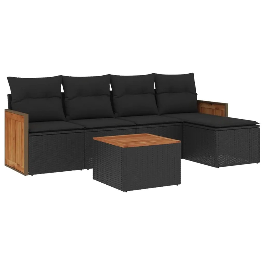 vidaXL 6-teilige Garten-Sofagarnitur aus Poly-Rattan und Akazienholz in Schwarz mit Kissen - Bild 2