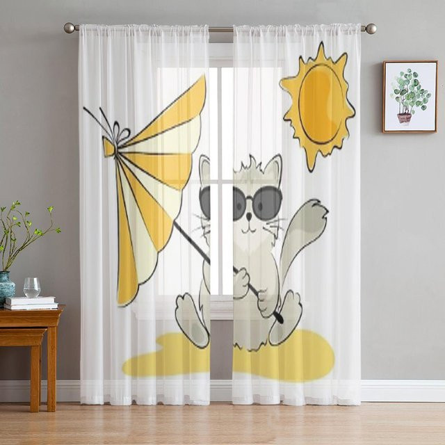 Super Six Tüllvorhang Katze am Strand in Weiß, Organza Voile Vorhang für Wohnzimmer, Schlafzimmer und Küche, Breite: 135 cm, Höhe: 114 cm - Bild 1