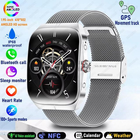 QLY Online Smartwatch mit 1,95 Zoll Ultra HD Display, GPS-Tracking, Bluetooth-Anruf, NFC und Herzfrequenzmessung für Herren und Damen, Farbe: Grau, mit Mesh-Armband