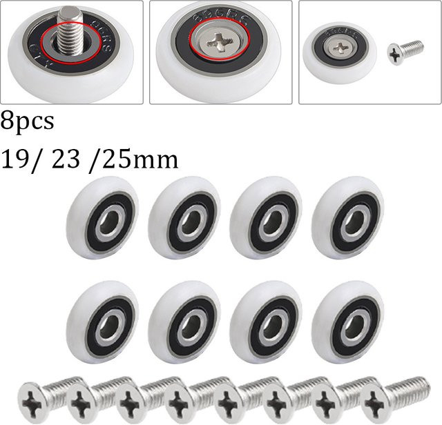 8er Set Duschtürrollen für Duschkabinen und Dampfkabinengehäuse inklusive Schrauben, Farbe: Weiß, Durchmesser: 19 mm, 23 mm und 25 mm - Bild 1