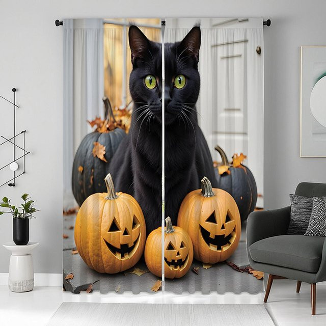 2er Set Halloween Vorhang mit schwarzer Katze und Kürbis Motiv in Schwarz und Grau, Breite: 132 cm, Höhe: 160 cm - Bild 1
