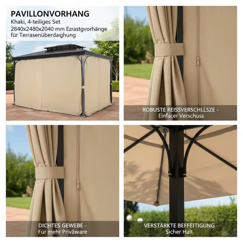 Curvain Gazebo Sichtschutzvorhänge mit Reißverschlüssen, 4-teiliges Set als Sonnenschutz für Terrassendächer, Farbe: khaki, B/T/H: 284 x 284 x 204 cm - Bild 3