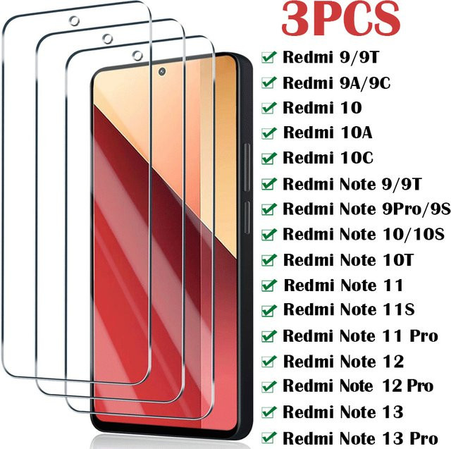 3er-Pack Xiaomi Displayschutzfolie aus gehärtetem Glas, transparent, passend für Redmi Note 13 12 11 10 9 Pro 9S 10S 11S sowie Redmi 9A 9C 9T 10A 10C 12C - Bild 1