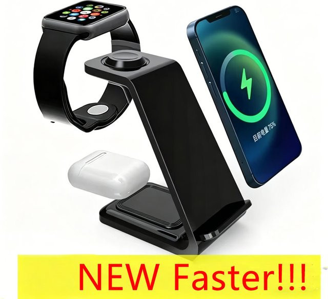 VIKEFON 3-in-1 Kabelloses Ladegerät Schnellladestation für Apple iPhone, Samsung Galaxy, Apple Watch und Kopfhörer in Schwarz - Bild 1