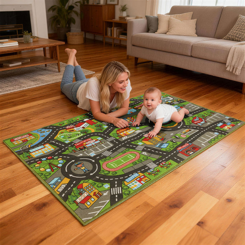 AIYAPLAY Krabbelmatte für Babys mit Stadtmotiv, rutschfeste Spielmatte für das Kinderzimmer, Grau/Mehrfarbig, B/T/H: 160 x 100 x 0,5 cm - Bild 2