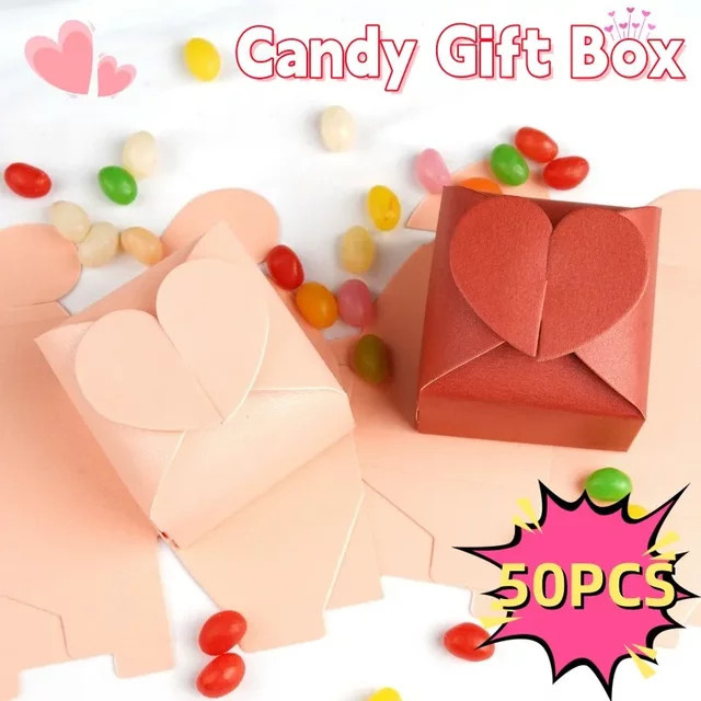 50 Stück Herz-förmige Geschenkkartons aus Papier für Hochzeiten und Valentinstag in Beige und Rot - Bild 1