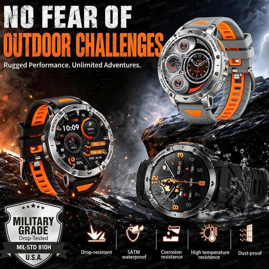 GUHUAVMI Outdoor-Sport-Fitness-Smartwatch mit 1,7-Zoll-Display, Bluetooth-Anruffunktion, wasserdicht und SOS-Funktion, Schwarz - Bild 2