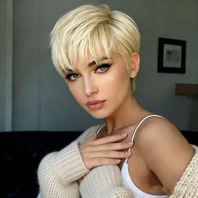 OYM HAIR Blonde Pixie-Cut-Perücke mit Pony, Damen, Brasilianisches Haar - Bild 1