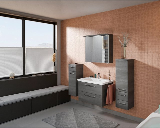 Pelipal Badmöbel-Set Trentino in Graphit Struktur mit Waschtisch aus Mineralmarmor, Waschtischunterschrank, Spiegelschrank und Midischrank, Breite: 140 cm - Bild 1