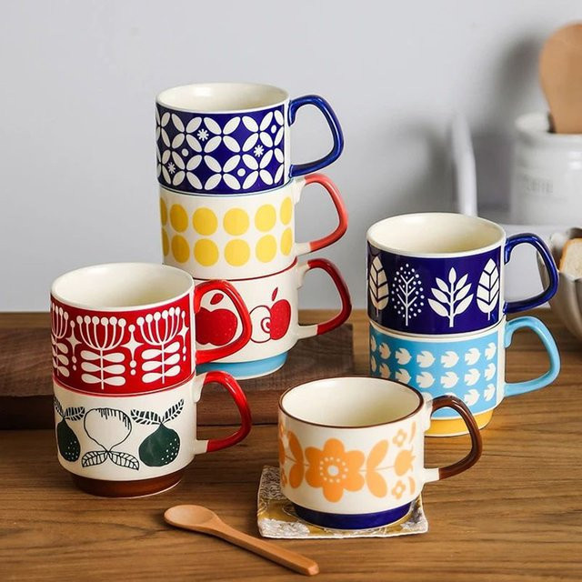 YWDL Keramik Kaffeebecher Set mit floralem Design, 300 ml, Mehrfarbig - Bild 1