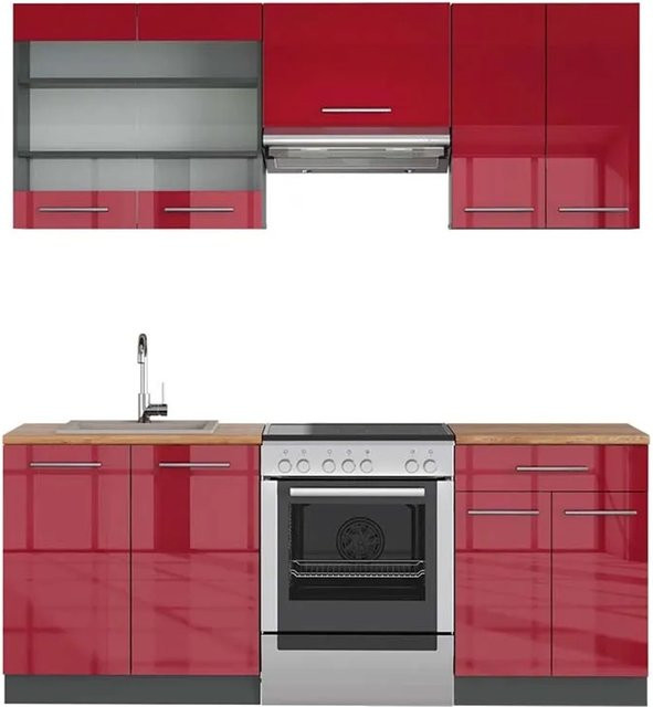 Vicco Fame-Line Küchenzeile Bordeaux Hochglanz und Anthrazit mit Eiche Optik Breite: 200 cm, Tiefe: 60 cm, Höhe: 82 cm - Bild 1