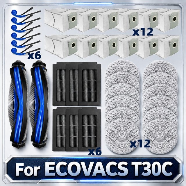 OSSIEAO Ersatzteil-Set für ECOVACS T30C, T30C OMNI und T30C PRO OMNI mit Hauptseitenbürste, Filter, Mopp Pads und Staubbeuteln - Bild 1