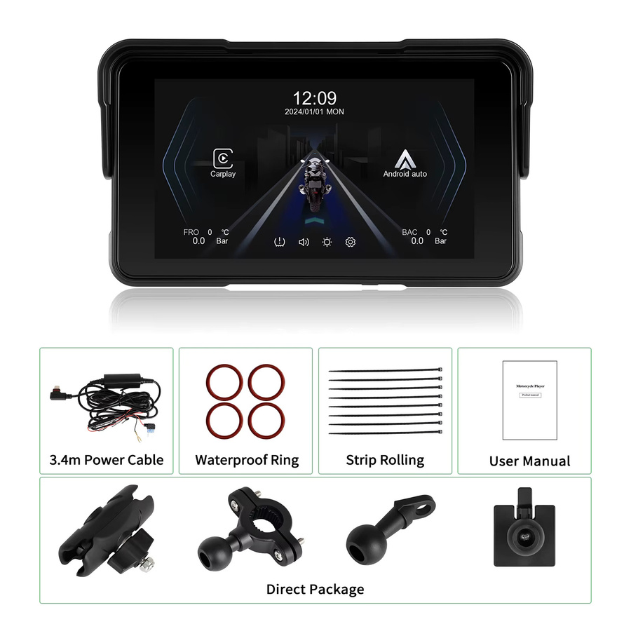 Podofo 5 Zoll Motorrad-Monitor mit Carplay und Android Auto, IP68 wasserdichter Bluetooth Smart Screen Player in Schwarz - Bild 5