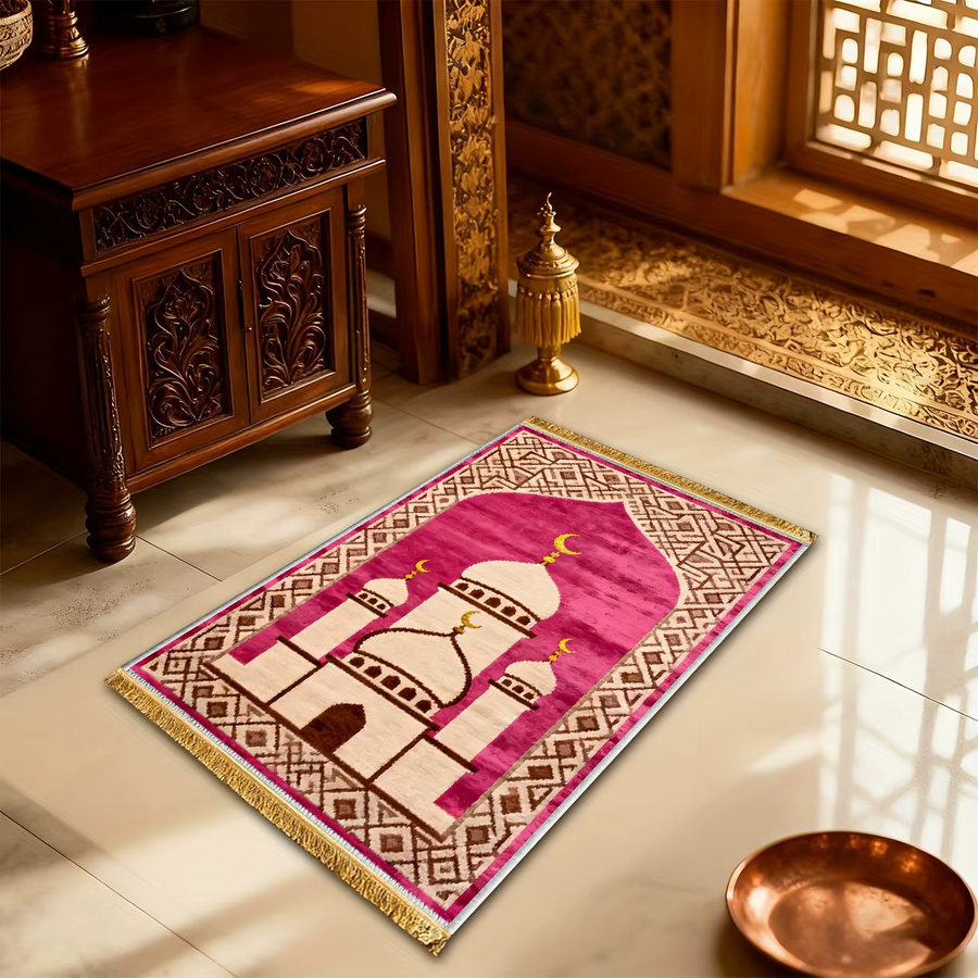 VIKAMA Islamischer Gebetsteppich Rosa mit geometrischem Moschee-Mond-Design aus Polyester - Bild 3