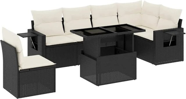 vidaXL 7-teilige Garten-Sofagarnitur in L-Form aus Poly-Rattan in Schwarz mit Kissen und Armlehnen - Bild 1