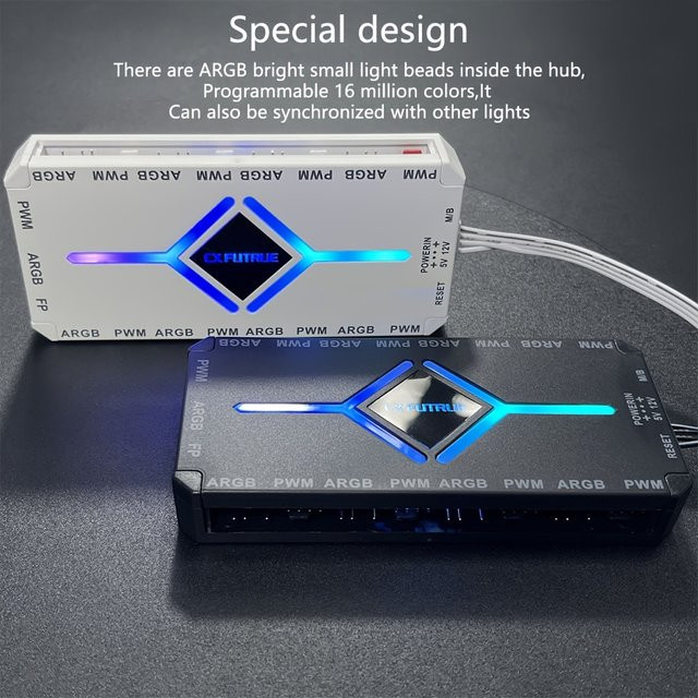 Magnetischer 2-in-1 ARGB PWM Lüfter-Hub mit Fernbedienung und integriertem PC-Controller, 9+9 Ports, Schwarz/Weiß - Bild 1