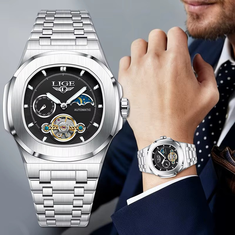 LIGE Armbanduhr Automatik, Edelstahl, eckig, blau, Herren - Bild 5