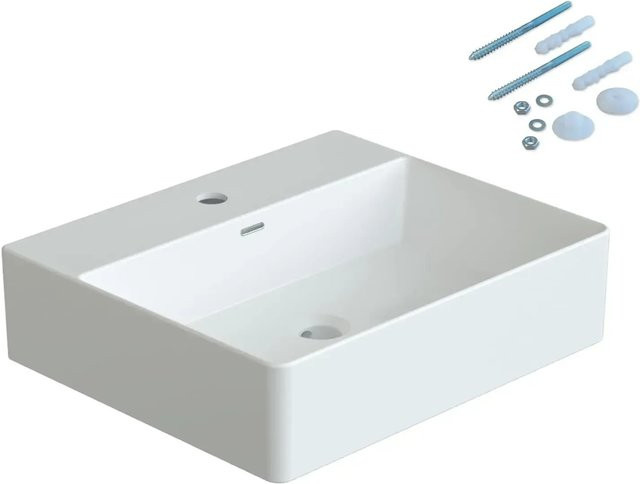 Aquabatos Aufsatzwaschbecken aus Keramik in Weiß, Rechteckiges Handwaschbecken mit Überlauf und Wasserhahnloch, B/T/H: 50 x 42 x 13,5 cm - Bild 1