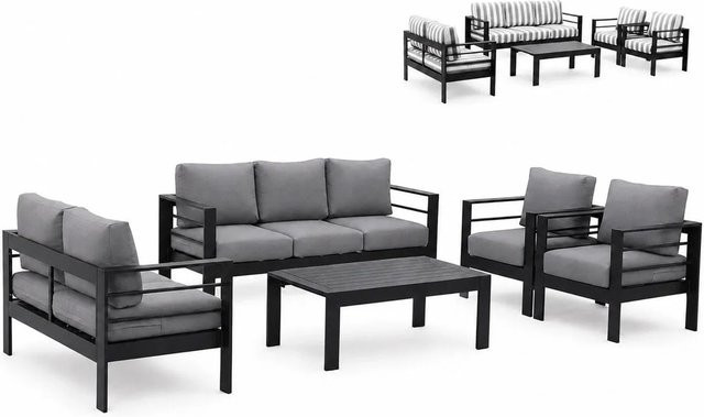 MeXo Gartenmöbel Set für 7 Personen aus Aluminium und WPC in Schwarz mit grau gestreiften Ersatzkissenbezügen - Bild 1