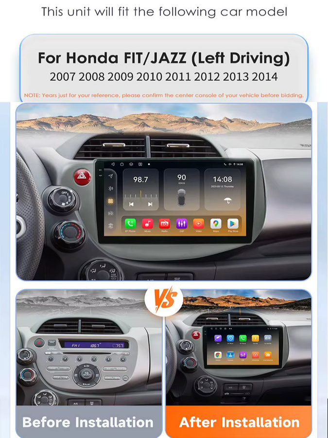 Hizpo Android 14 Autoradio für Honda Fit Jazz 2007-2013 mit Wireless CarPlay, Bluetooth und KI-Sprachsteuerung, Schwarz - Bild 1