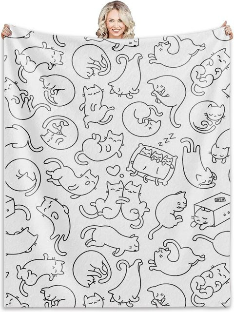 Weiche Katzen-Decke mit Schwarz-Weiß Katze Aufdruck von Monika Chen, B/T: 180 x 230 cm - Bild 1