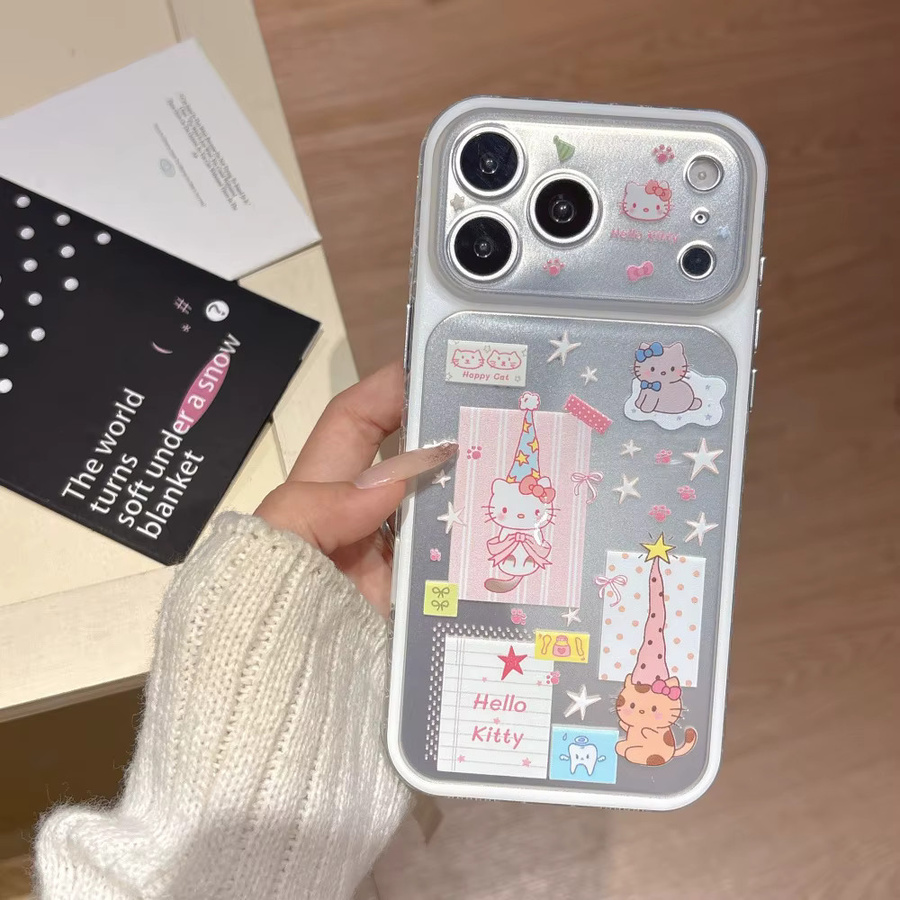 Sanrio Hello Kitty Handyhülle mit Partyhut und Sternendruck für iPhone 15 Pro Max, iPhone 16 und iPhone 17 Pro Max in Silber, stoßfeste Schutzhülle mit Aufklebern - Bild 3