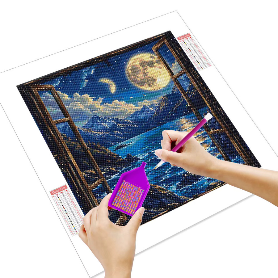 Huacan Diamantgemälde Landschaft mit Meer, Berg und Mond in Blau als dekoratives Diamantmosaik Set - Bild 2