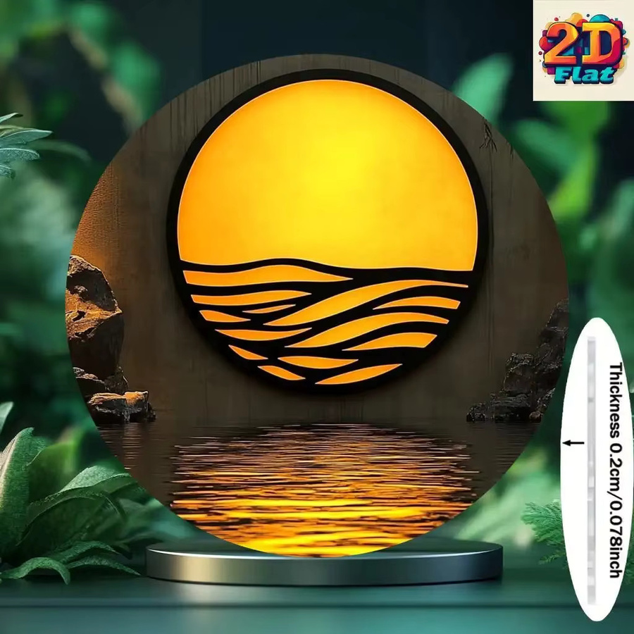 Potdemiel Wandkunst aus Aluminium, kreisförmige abstrakte Hängedekoration mit gelbem Sonnenuntergang und Wellen, minimalistisches Metall-Panel, Durchmesser: 20 cm - Bild 4