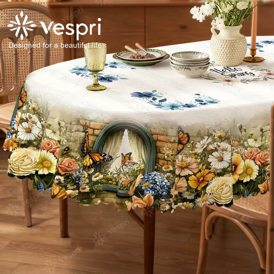 Vespri Frühlings- und Oster-Tischdecke mit Blumenmuster und Schmetterlingen in Weiß und Gelb für deine Party - Bild 2