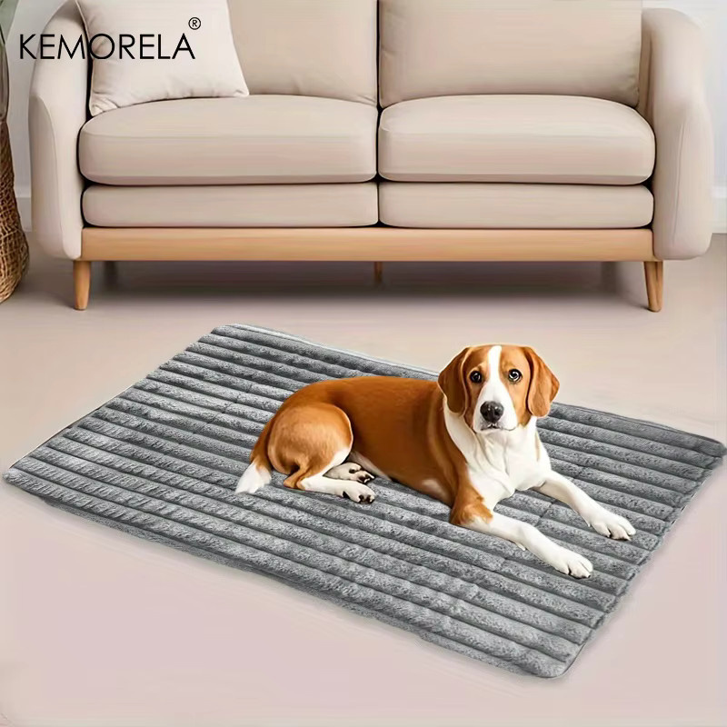 KEMORELA Hundebett aus Plüsch mit Streifenmuster in Grau, rutschfeste Hundematte für kleine und große Hunde - Bild 2