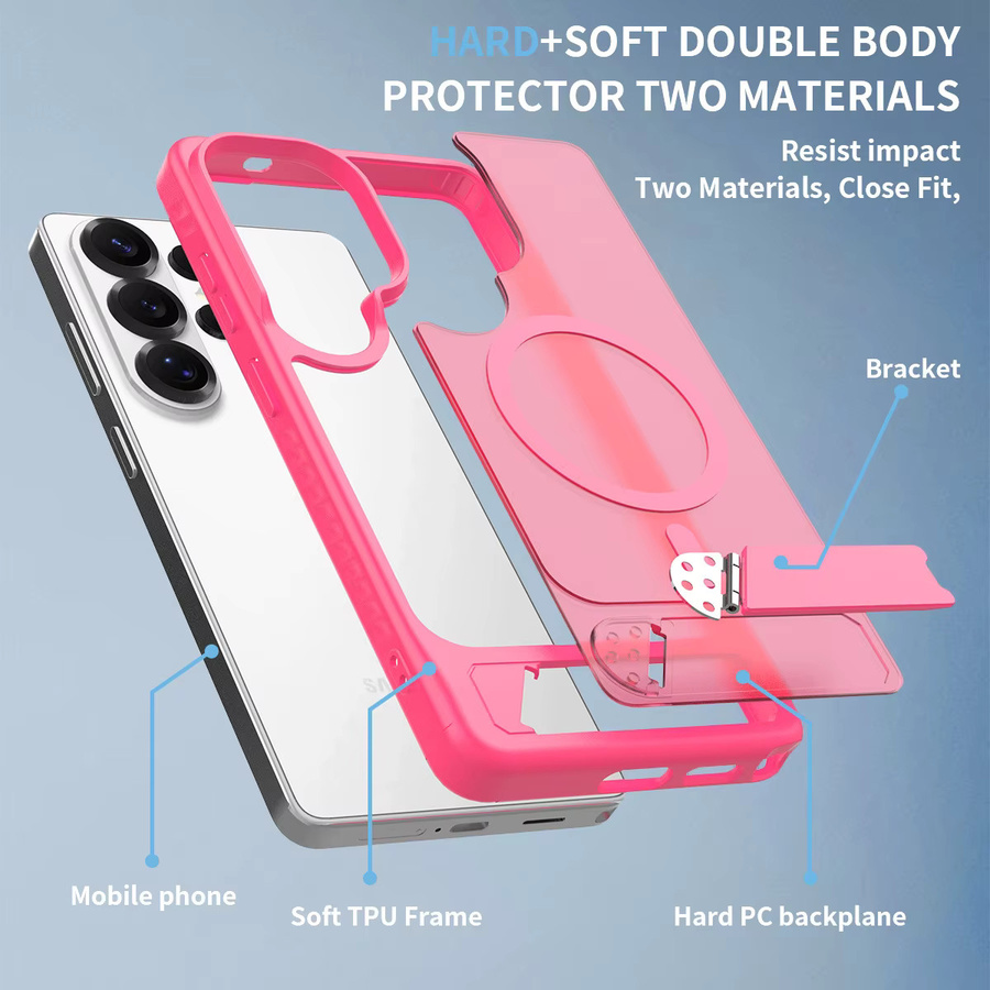 Stoßfeste magnetische Handyhülle für Samsung S26 Ultra S25 S24 Edge S23 Plus FE mit klappbarem Ständer und Unterstützung für kabelloses Laden in Blau oder Pink - Bild 3