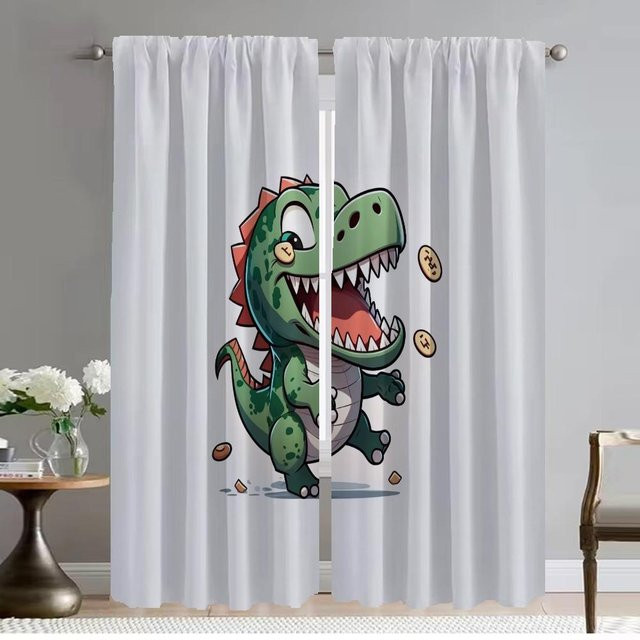 2er-Set Dinosaurier Vorhänge für Wohnzimmer und Küche, weiß, B: 50 cm, H: 70 cm - Bild 1