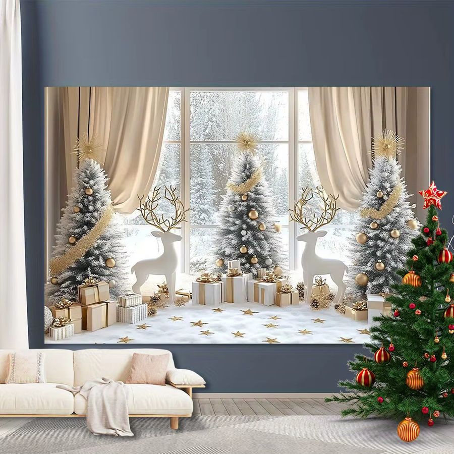 VIKAMA Amerikanischer Weihnachts-Wandteppich mit Schneewald-Motiv, Rentier und Weihnachtsbaum zur Wanddekoration - Bild 2