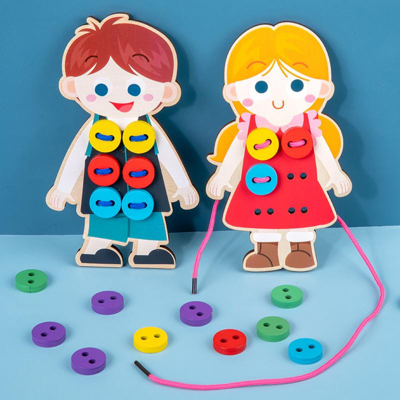 Linyi toy Schnüren Krawatte Schnürsenkel Holz Spielzeug ab 3 Jahren - Bild 1