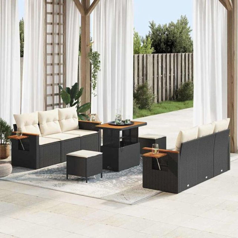 vidaxl Garten-Sofa-Set aus Poly-Rattan mit 9 Teilen und Kissen in Schwarz, modulares Loungemöbel-Set mit Fußhocker - Bild 1