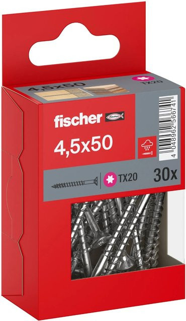 Fischer PowerFast II A2 Senkkopf TX Teilgewinde Holzschraube aus Edelstahl, Farbe: Silber, Durchmesser: 4,5 mm, Länge: 50 mm, 30 Stück - Bild 1