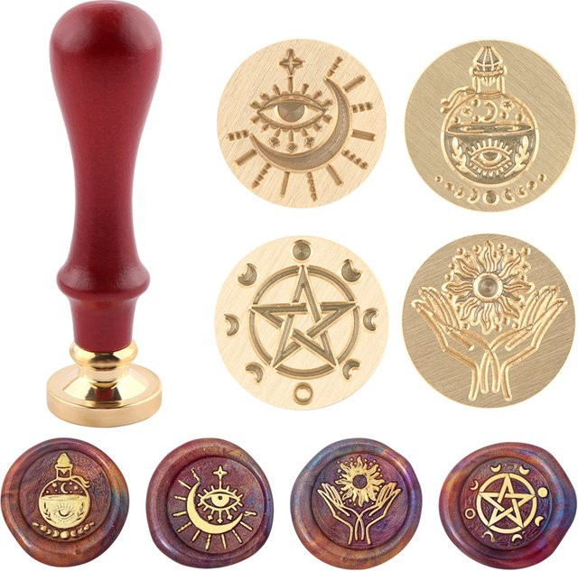 Wachssiegel-Stempelset mit Vintage Triple Moon Pentagramm, Mondphasen und Sonnenflaschenmuster aus Holz - Bild 1