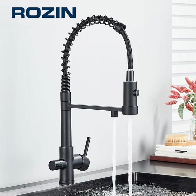 Ausziehbare 2-in-1 Küchenarmatur mit Wasserfilter aus Messing in Gold und Rosin für Trinkwasser und Warm-Kaltwasser-Mischbatterie - Bild 1