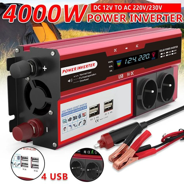 Avehrit DC12V-15V zu AC Stromwandler mit 4 USB-Anschlüssen und LED Digitalanzeige in Rot - Bild 1