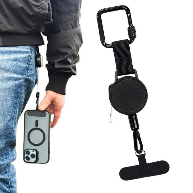 Anti-Diebstahl-Telefon-Tether mit einziehbarem Lanyard, Handy-Tabs-Gurt mit Karabiner und Gürtelclip in Schwarz - Bild 1