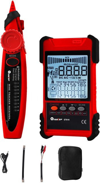 TOOLTOP ET616 tragbarer Kabeltester mit LCD-Display für analoge und digitale Suche sowie POE-Testfunktion in Rot - Bild 1