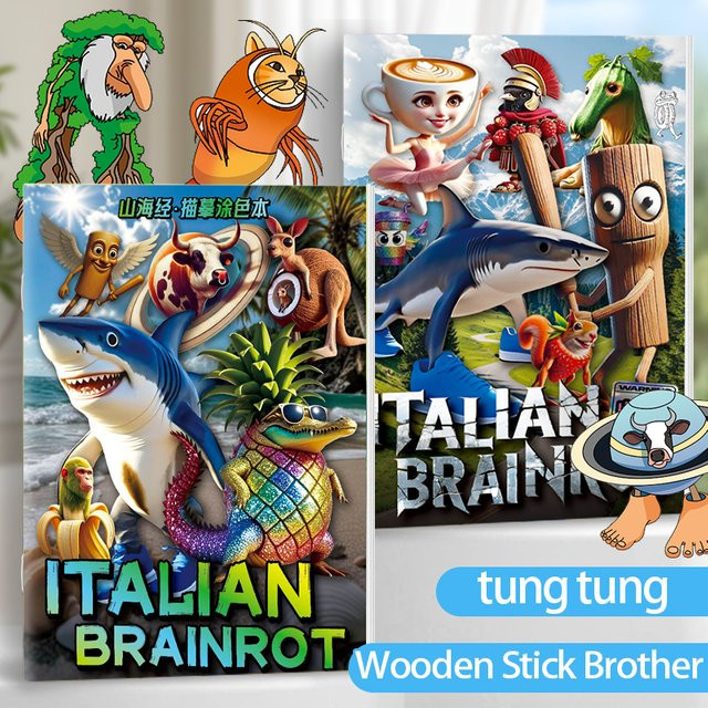 Italienisches Brainrot Anleitung Tung Sahur Malbuch mit niedlichen Linienzeichnungen zum Nachzeichnen und Skizzieren für Kinder in Mehrfarbig - Bild 1