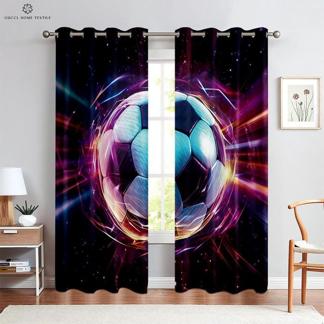 Fußball Vorhänge mit Aquarell-Print für Kinderzimmer und Wohnzimmer, 2er-Set, Mehrfarbig, B: 50 cm, H: 130 cm - Bild 1