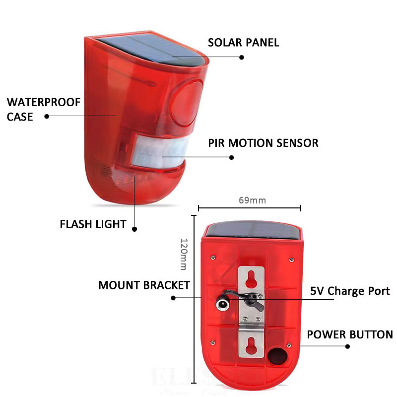 ELESECUR Solar-Infrarot-Bewegungsmelder mit 110dB Sirene und Blitzlicht in Orange und Rot für Haus, Garten und Caravan - Bild 2